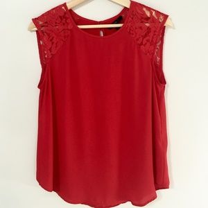 Red sleeveless JCrew blouse with lace detail